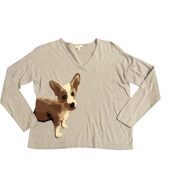J. Jill Sweater Blue Corgi Dog Print Casual Pullover Women’s Size XS Petite - Picture 1 of 15
